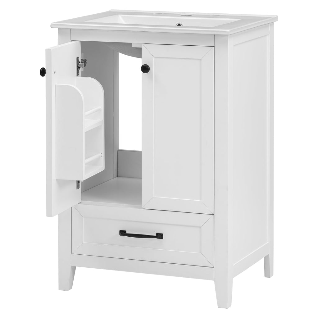 24" Bathroom Vanity with Sink, Bathroom Vanity Cabinet with One Drawer and Doors, Solid Wood and MDF, White