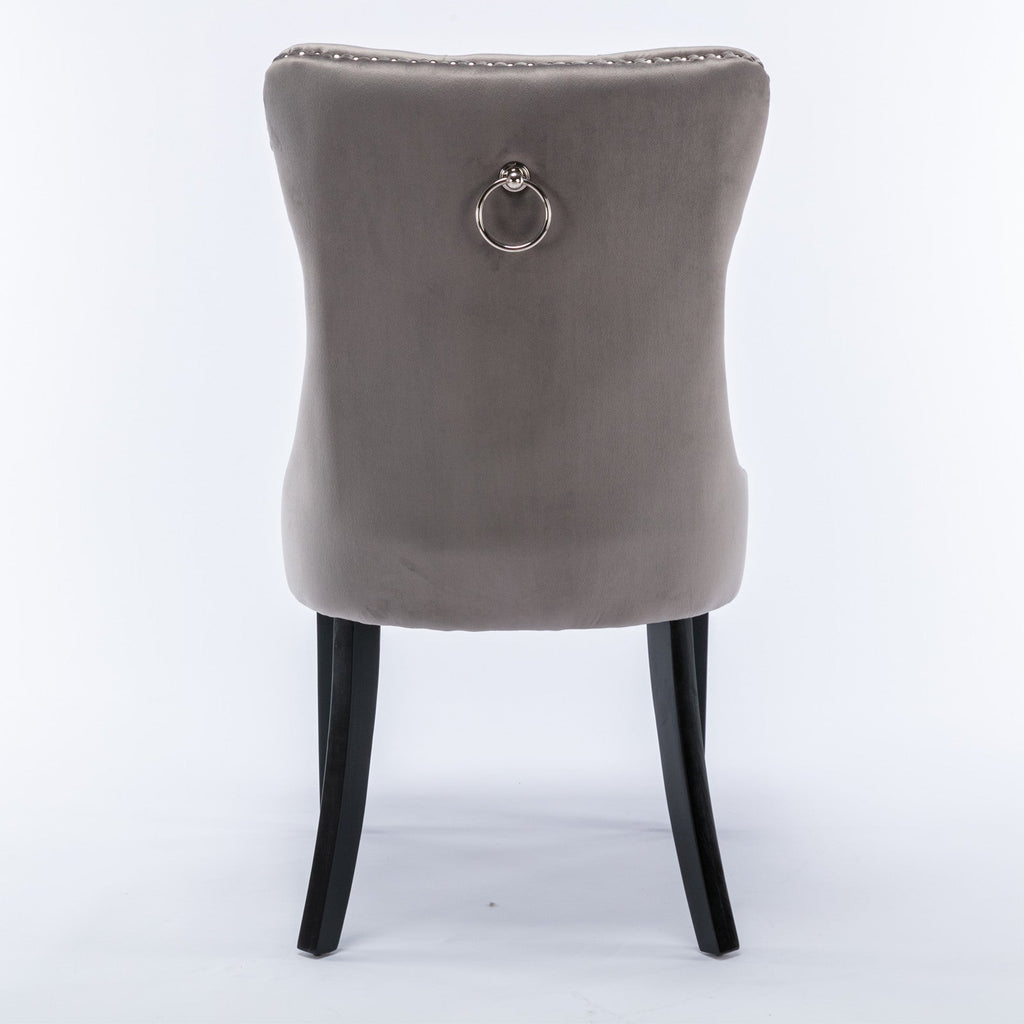 Modern high-end plush solid wood velvet cushioned dining chair with wooden leg nail head decoration, two piece set in gray