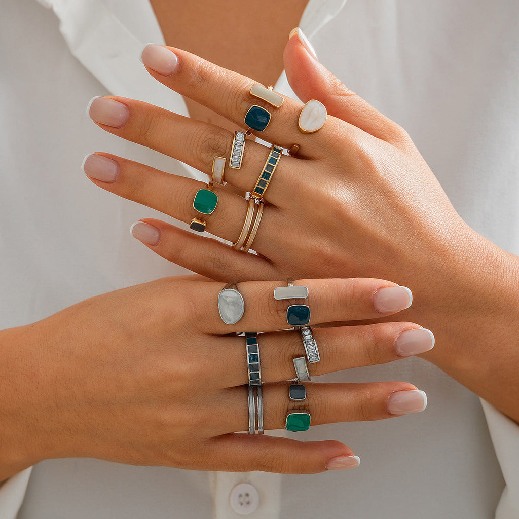French retro irregular alloy ring light luxury style geometric drip oil ring set