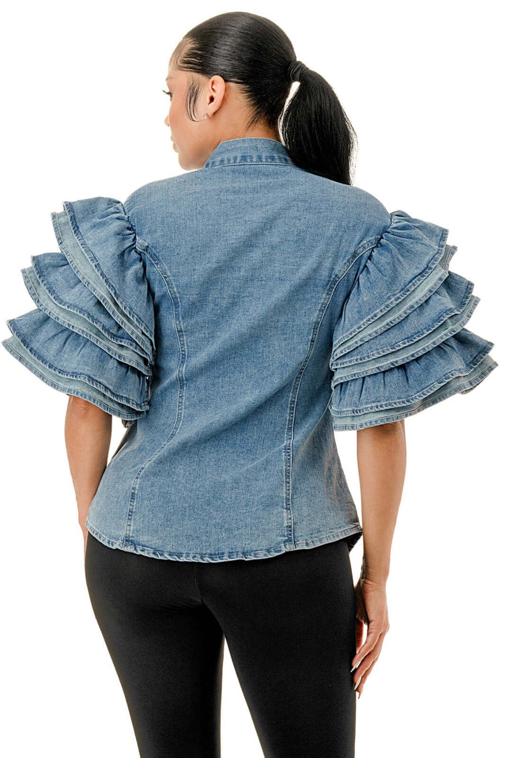 Denim Bow Blouse with Ruffle Sleeves {GREAT STRETCH}