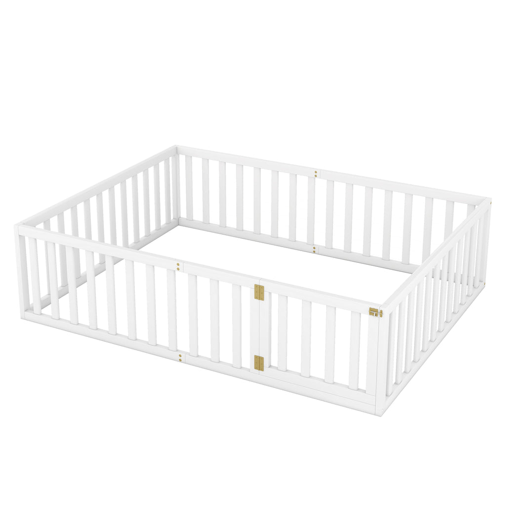 Queen Size Wood Floor Bed Frame with Fence and Door White(OLD SKU:WF289663AAK)
