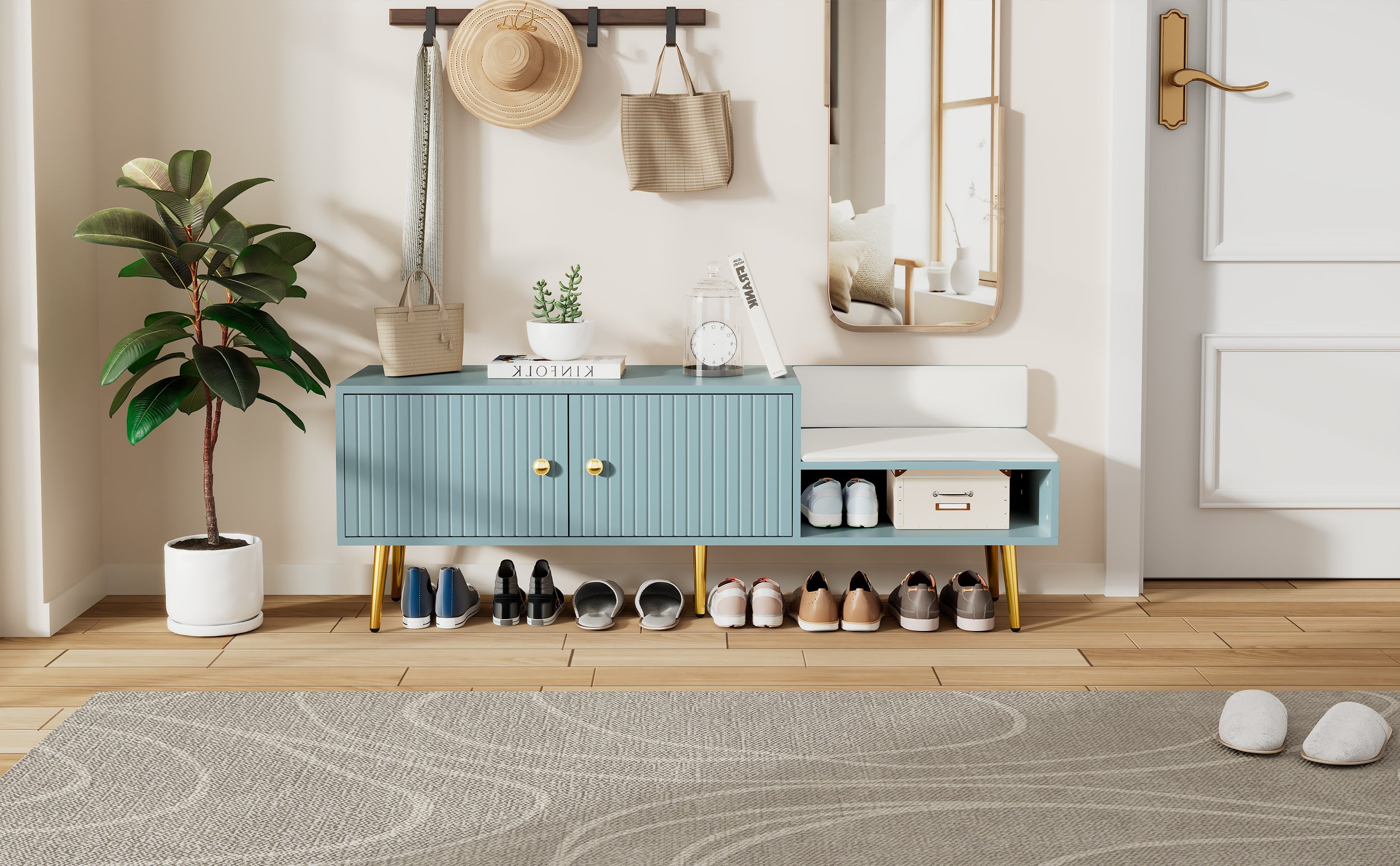 Modern Shoe Storage Bench with Hidden Storage and Upholstered Cushions for Bedside, Living Room and Entryway (Tiffany Blue)