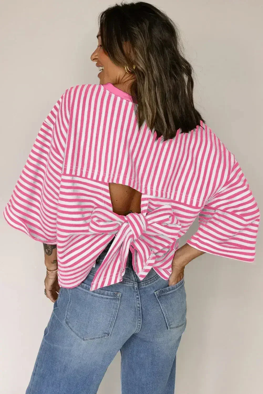 Black Stripe Bowknot Backless T-Shirt