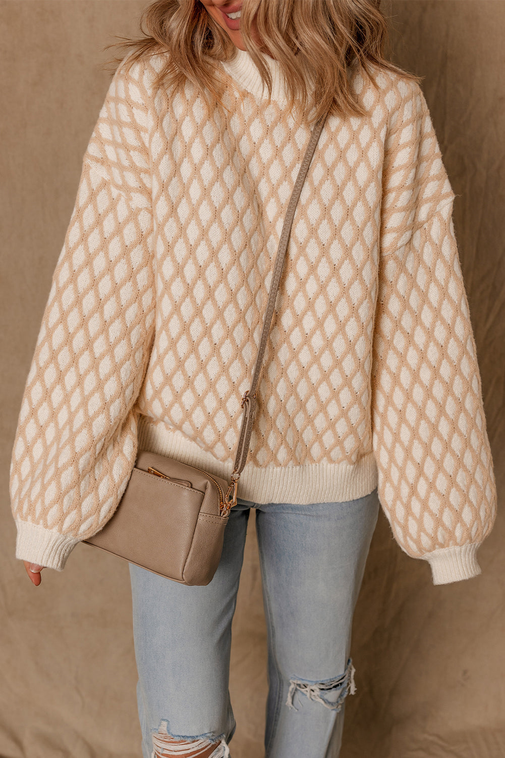 Smoke Gray Checkered Textured Knit Mock Neck Sweater - Femstylo