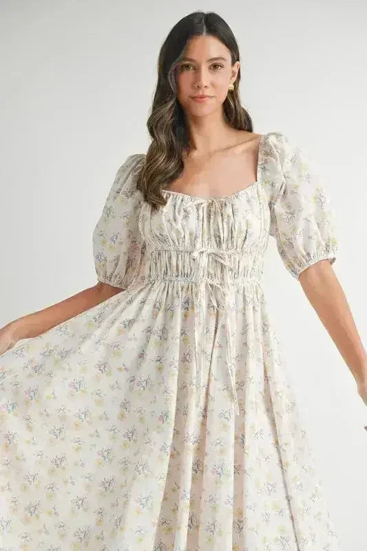 MABLE Floral Drawstring Detail Puff Sleeve Midi Dress