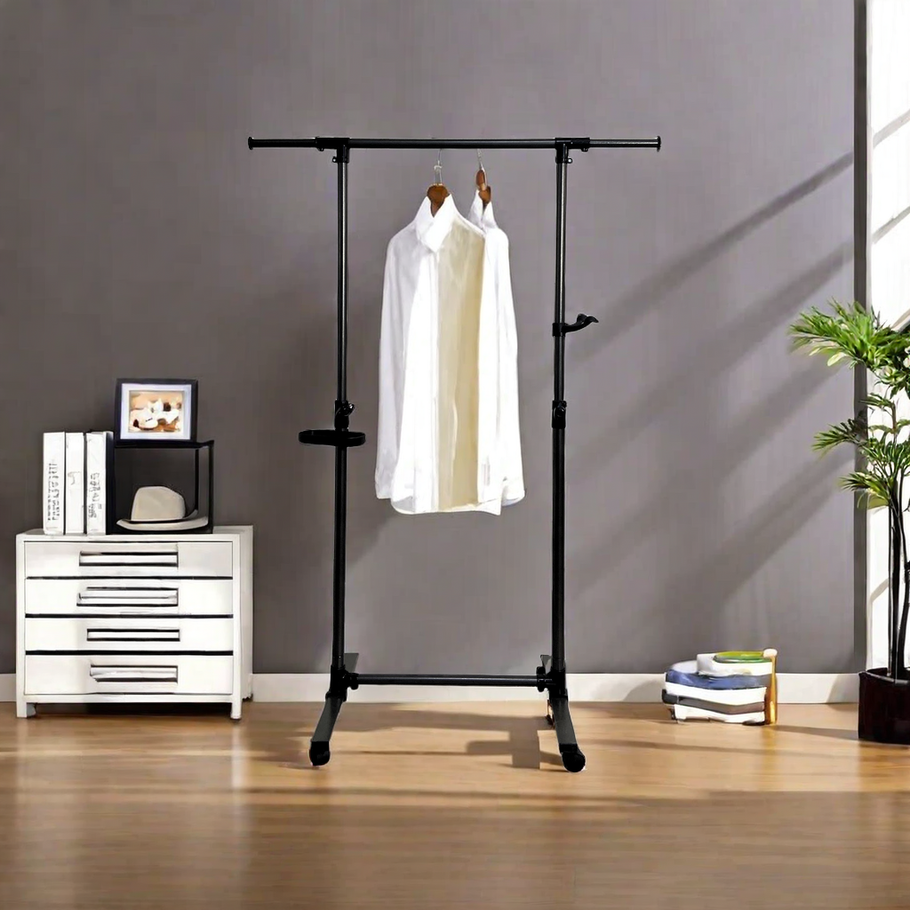 Short clothes hanger with chassis and wheels, heavy-duty rolling clothes hanger, black