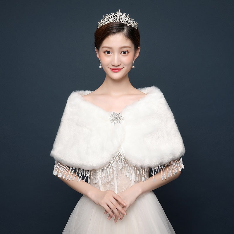 Bride's wedding dress fur shawl women's warm white cloak cheongsam jacket red cloak
