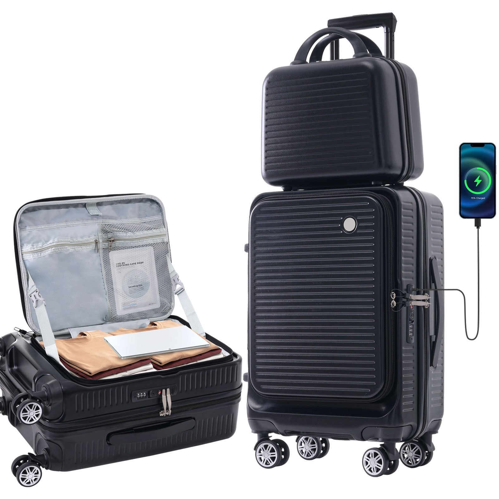 Carry-on Luggage 20 Inch Front Open Luggage Lightweight Suitcase with Front Pocket and USB Port, 1 Portable Carrying Case Black