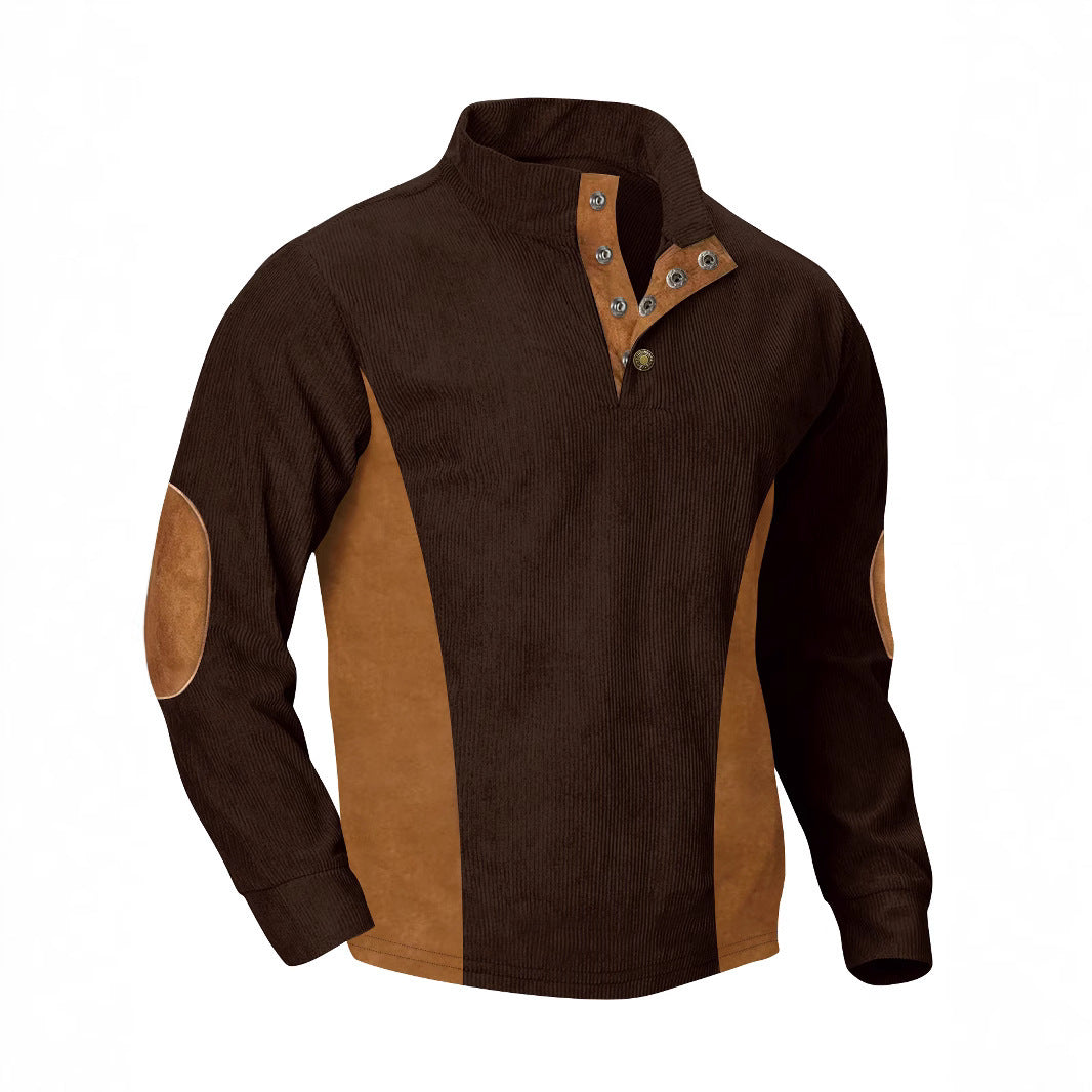 European men's casual stand up collar long sleeved corduroy sweatshirt with pit stripe