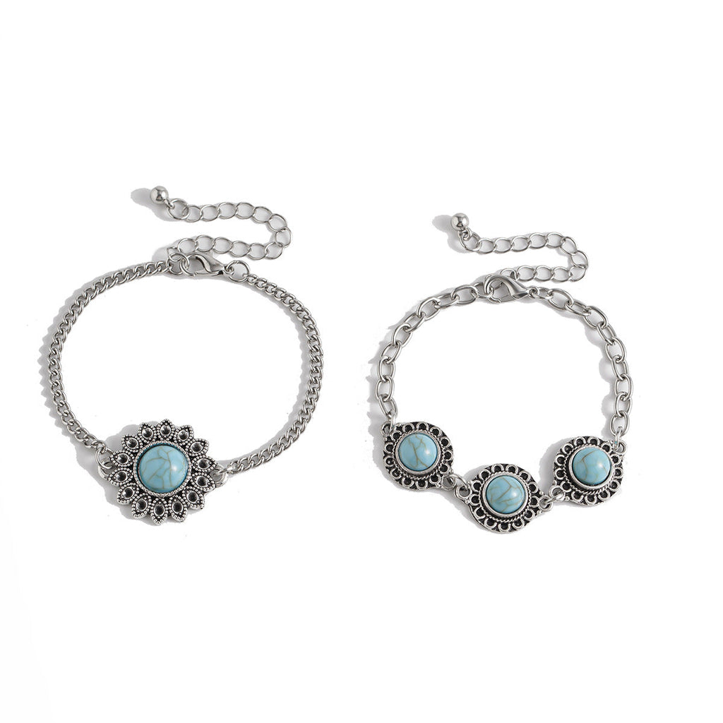 Ethnic style retro alloy turquoise bracelet Bohemian artistic bracelet set for women