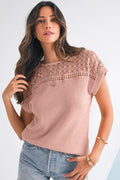 Mist Green Hollow Patchwork Waffle Knit Top