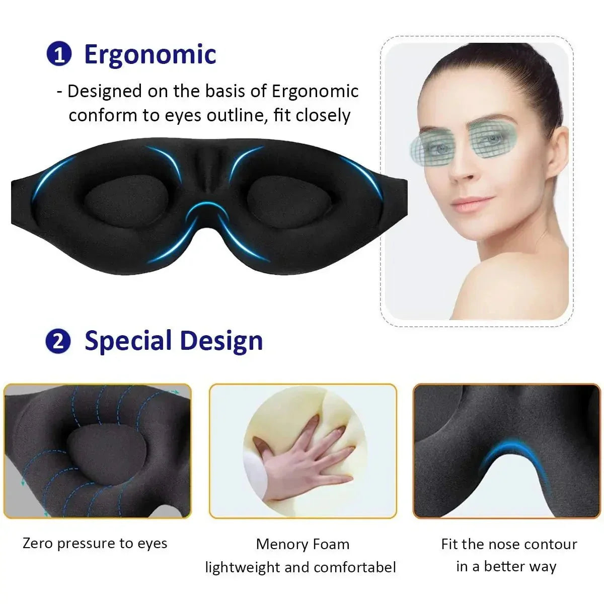 3D Concave Eye Mask | Light Blocking Sleep Aid for Men and Women