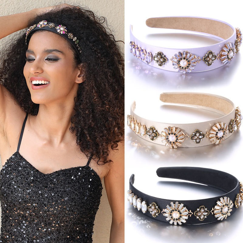 Fashionable Baroque Retro Set Water Diamond Flower Wide Edge Pearl Hair Hoop