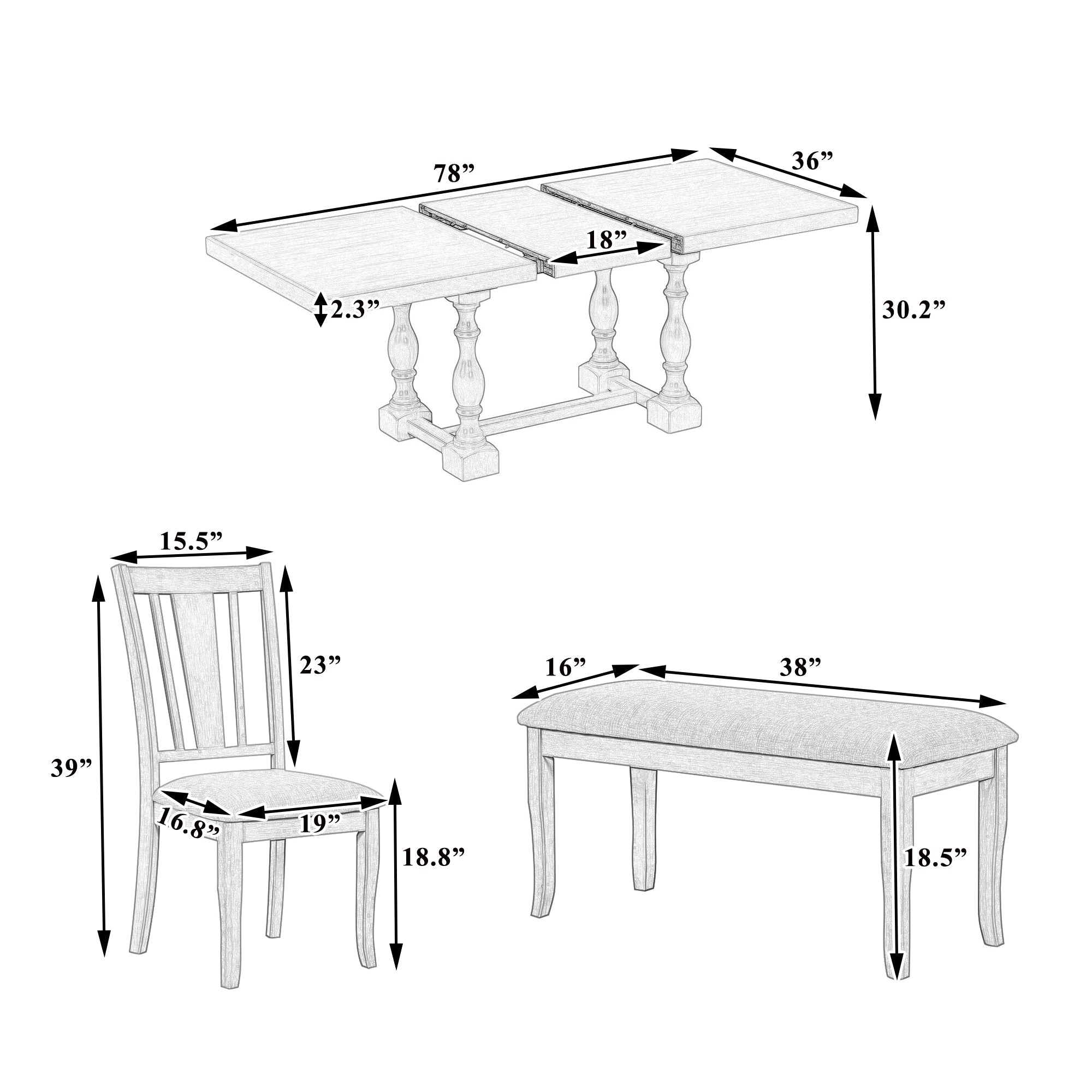 Traditional 6-Piece 78inch Trestle Extendable Dining Table Set with One 18inch Removable Leaf Distressed White