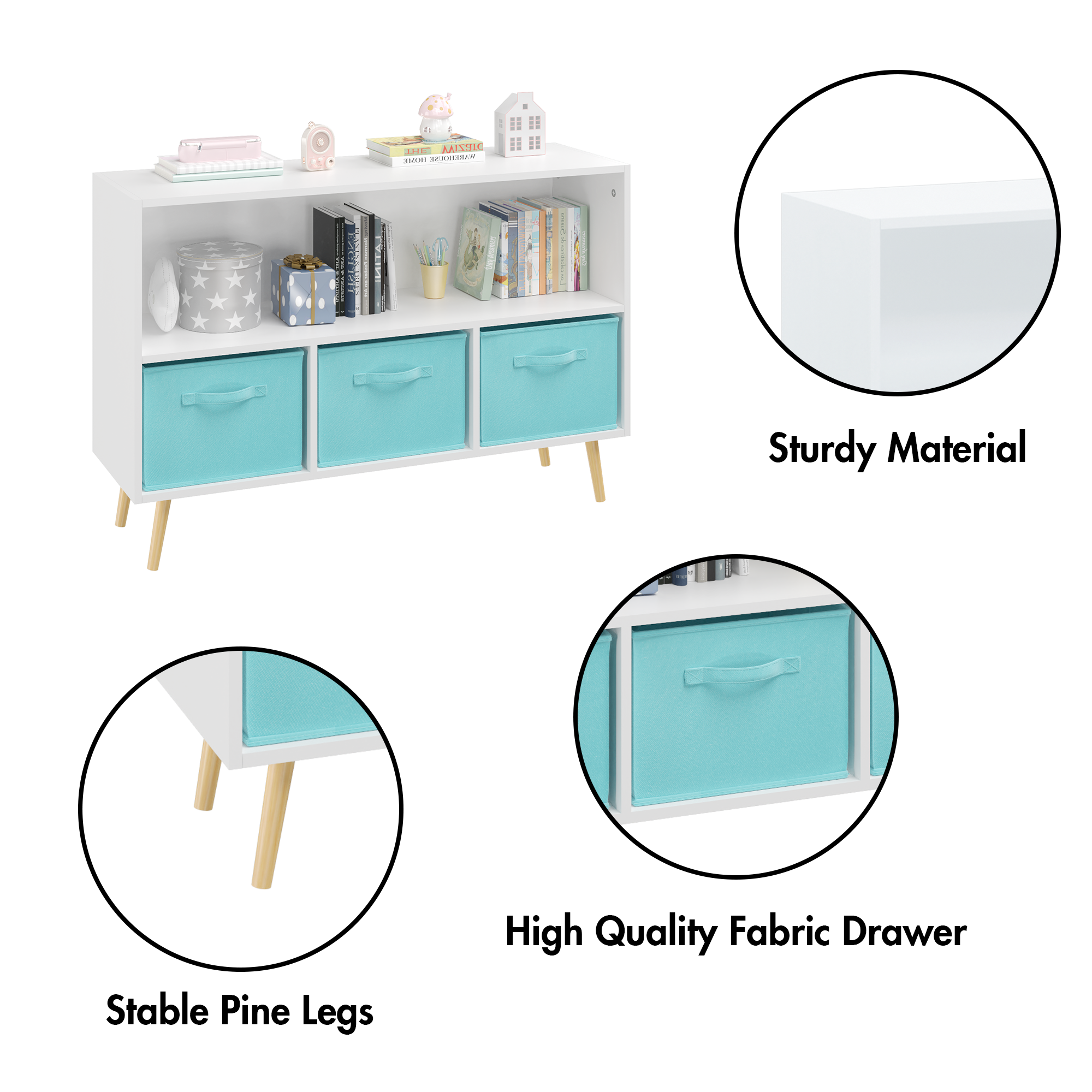 Kids bookcase with Collapsible Fabric Drawers Children's Book Display Toy Storage Cabinet Organizer White/Blue