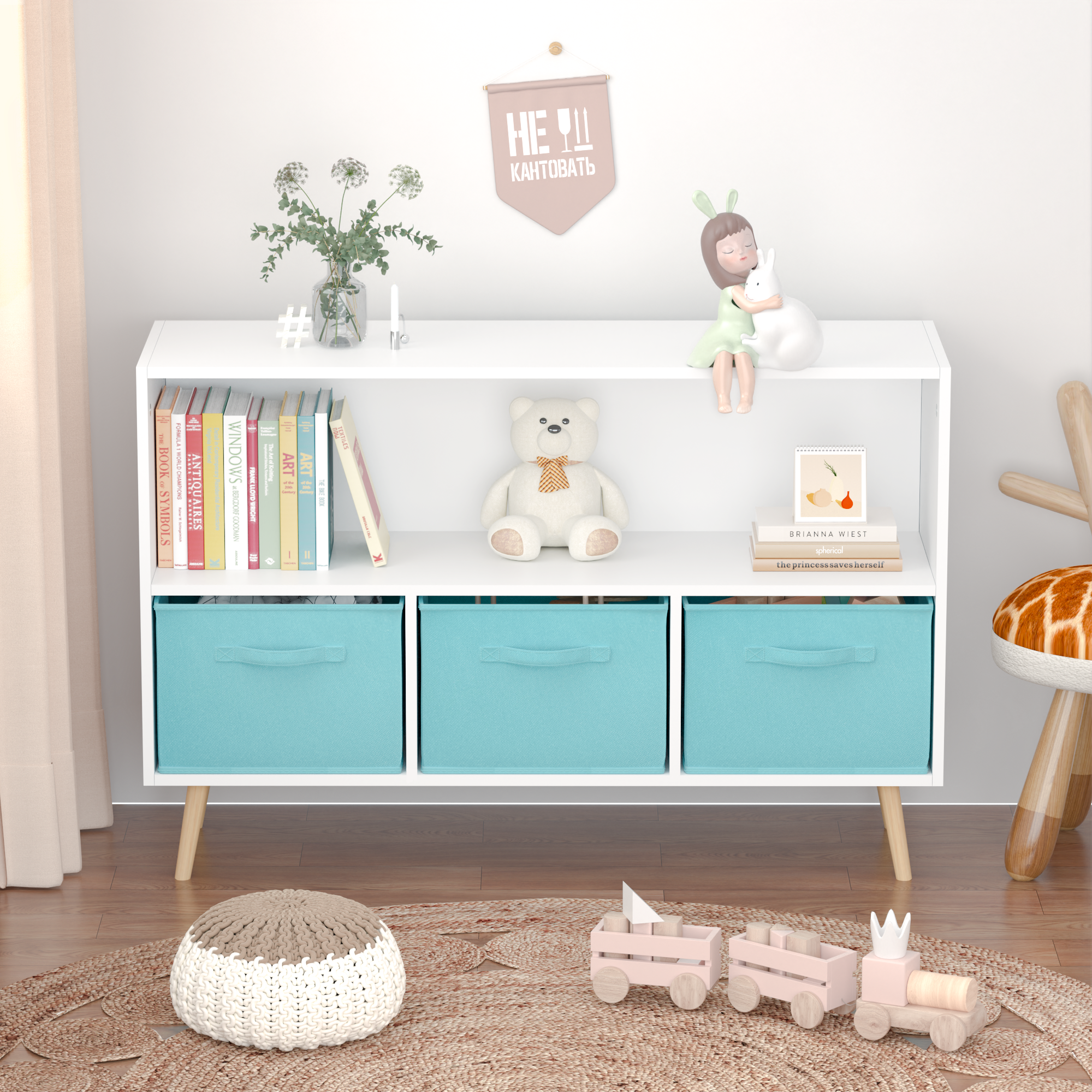 Kids bookcase with Collapsible Fabric Drawers Children's Book Display Toy Storage Cabinet Organizer White/Blue