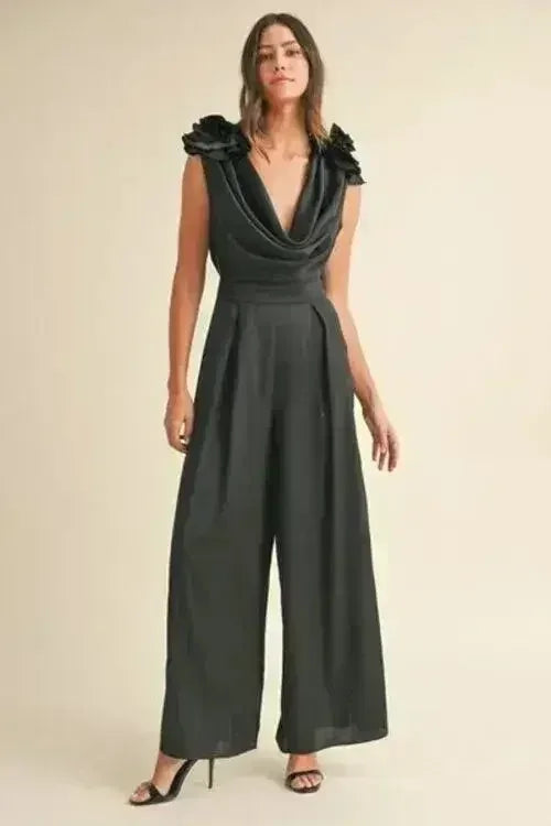 3D Floral Jumpsuit - Cowl Neck Satin Romper | Femstylo