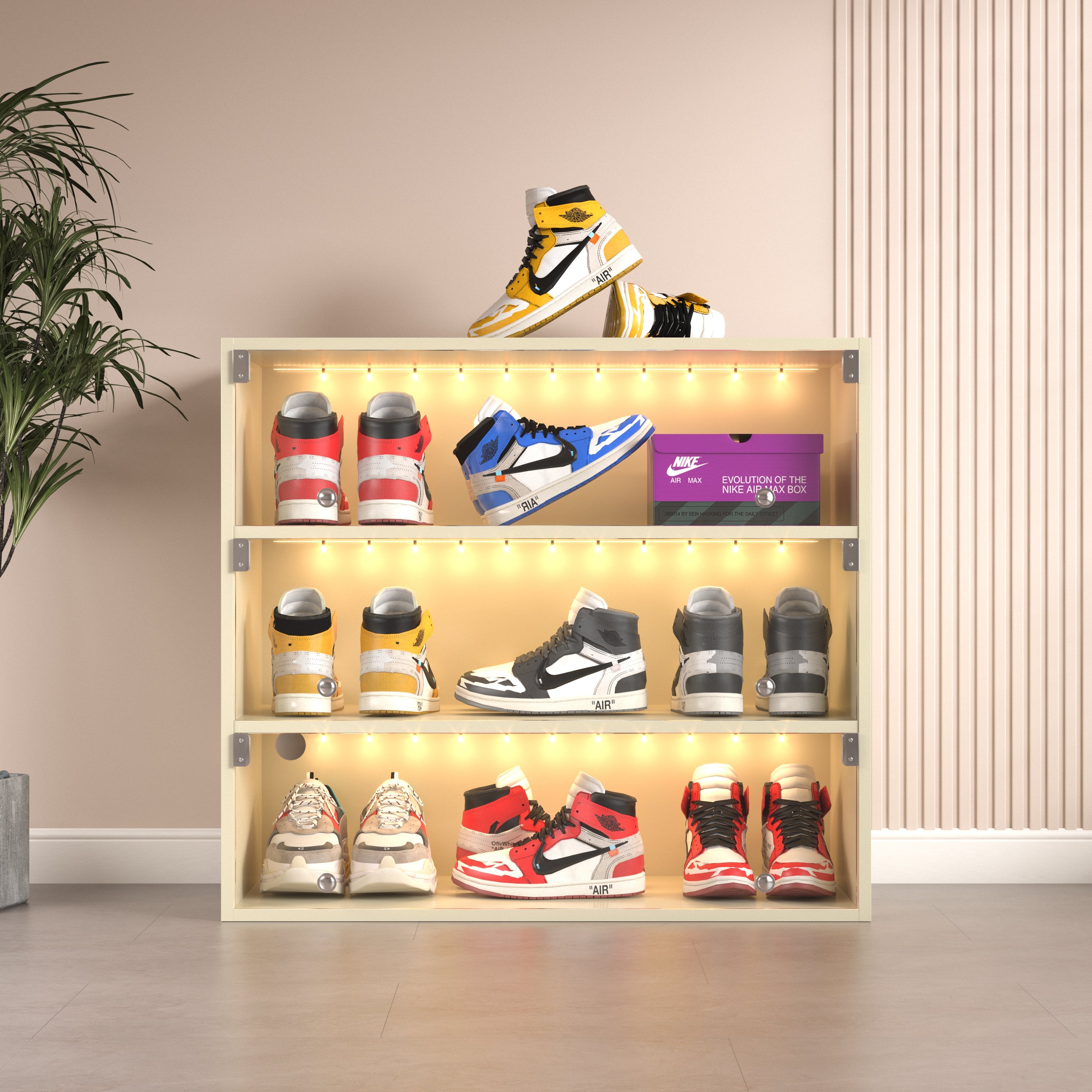 Off white LED light shoe box three layers with glass doors