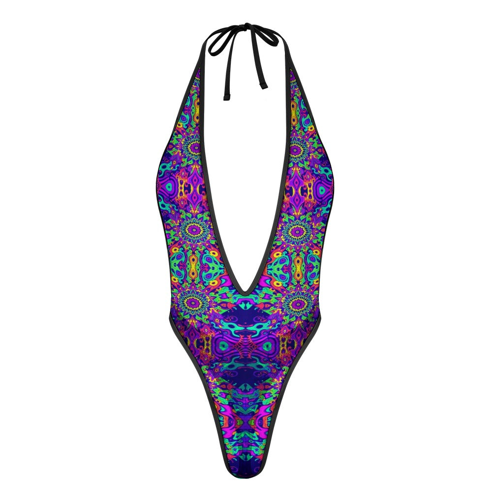 Sexy Swimsuit Women's Extreme One-Piece Mesh Revealing Swimwear Deep V Cleavage Thong Bottom Booty Quick Dry Tie-On Bathing Suit