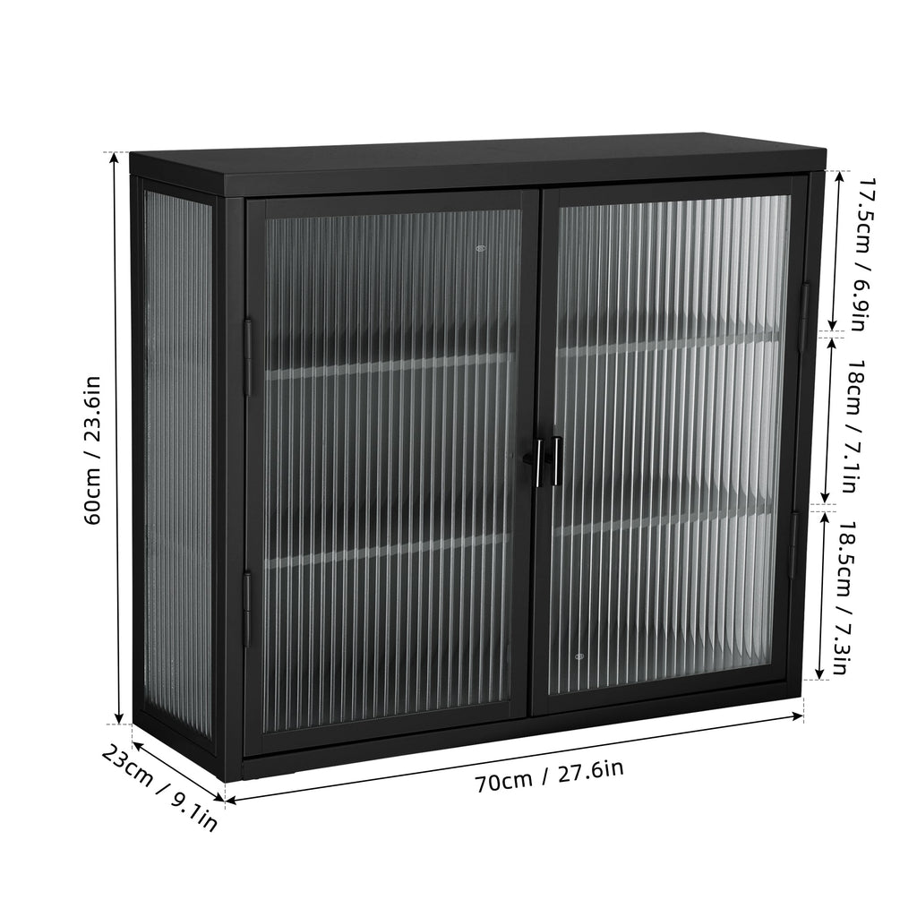 Retro Style Haze Double Glass Door Wall Cabinet With Detachable Shelves for Office Dining Room Living Room