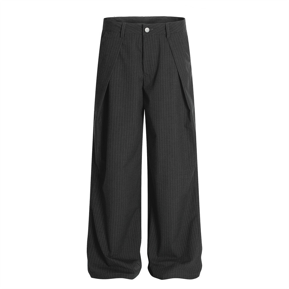 Vertical Striped Casual Trousers Men's Dress Pants Fashion Design Pleated Draped Cool Loose Straight Wide-Leg Long Pants