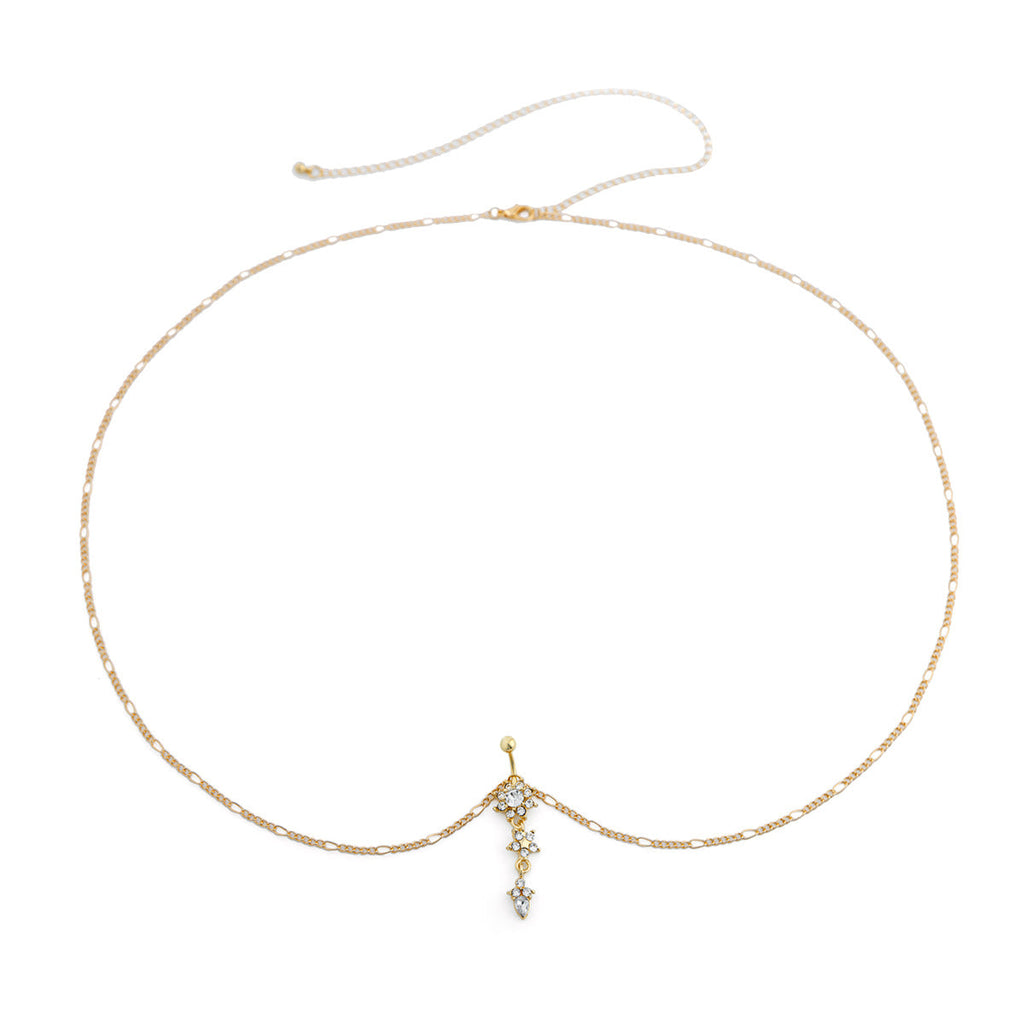 Sexy rhinestone puncture navel nail waist chain, sweet and cool summer body chain