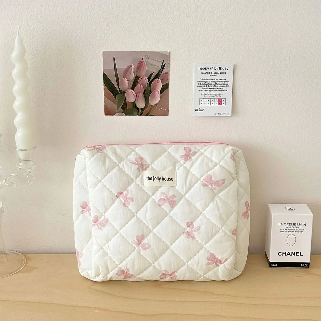 Cute Bow Flower Quilting Cotton Makeup Bag Women Zipper Cosmetic Organizer Female Cloth Handbag Portable Toiletry Case for Girls