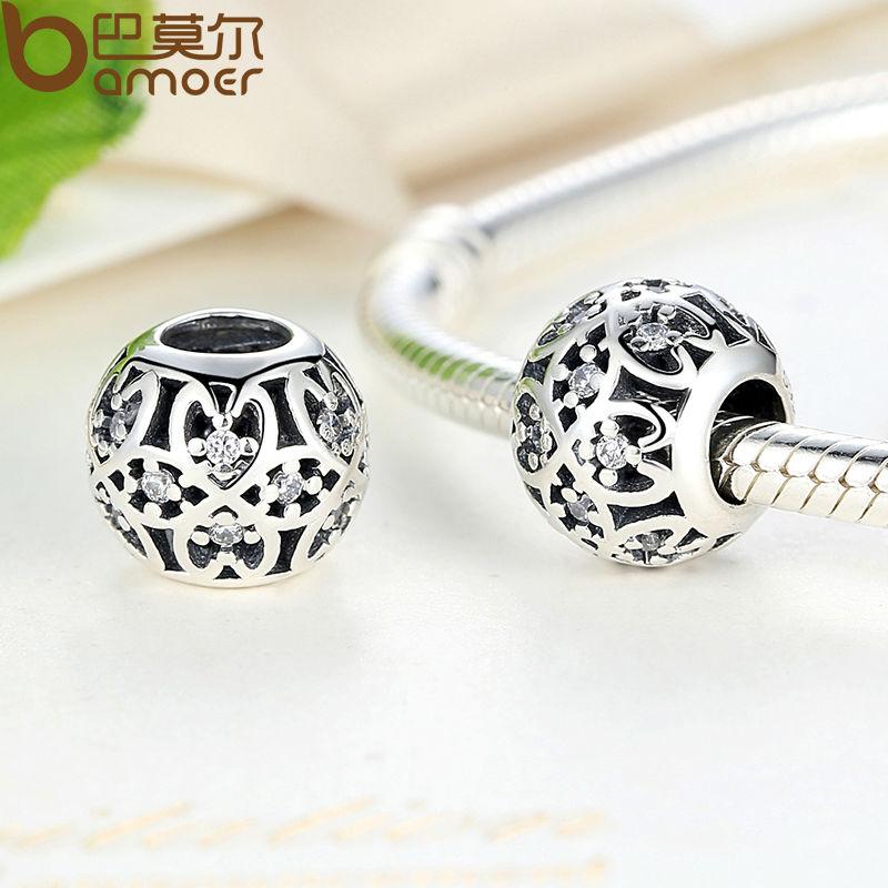 BAMOER Beads Fit Charm Bracelet 925 Sterling Silver Intricate Lattice Openwork Ball PAS060