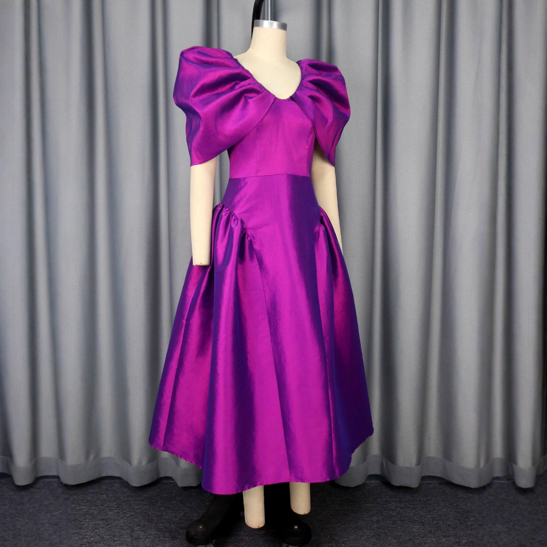 Puff Sleeve Evening Dress A Hem Pleated Banquet Dress