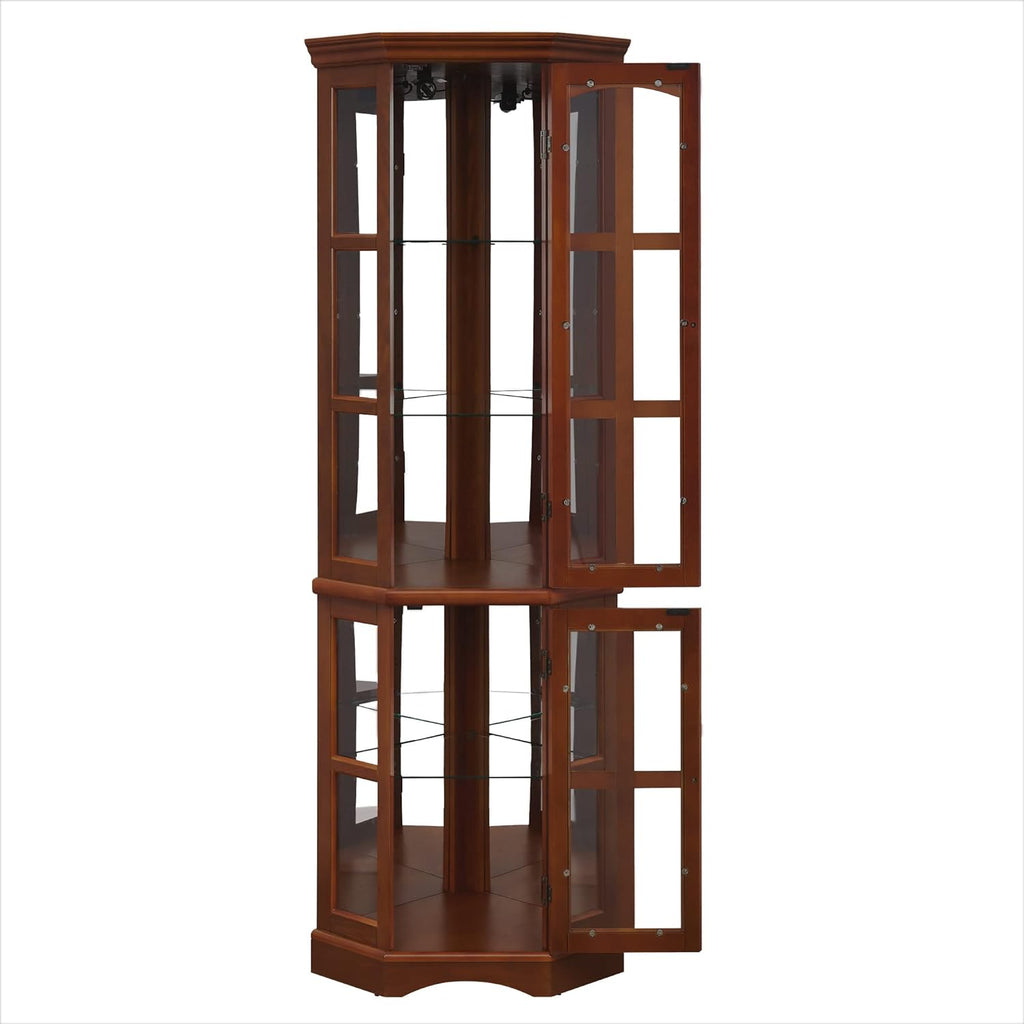 Corner Curio Cabinet with 5 Shelves and Lighting System, Walnut(E26 light bulb not included)