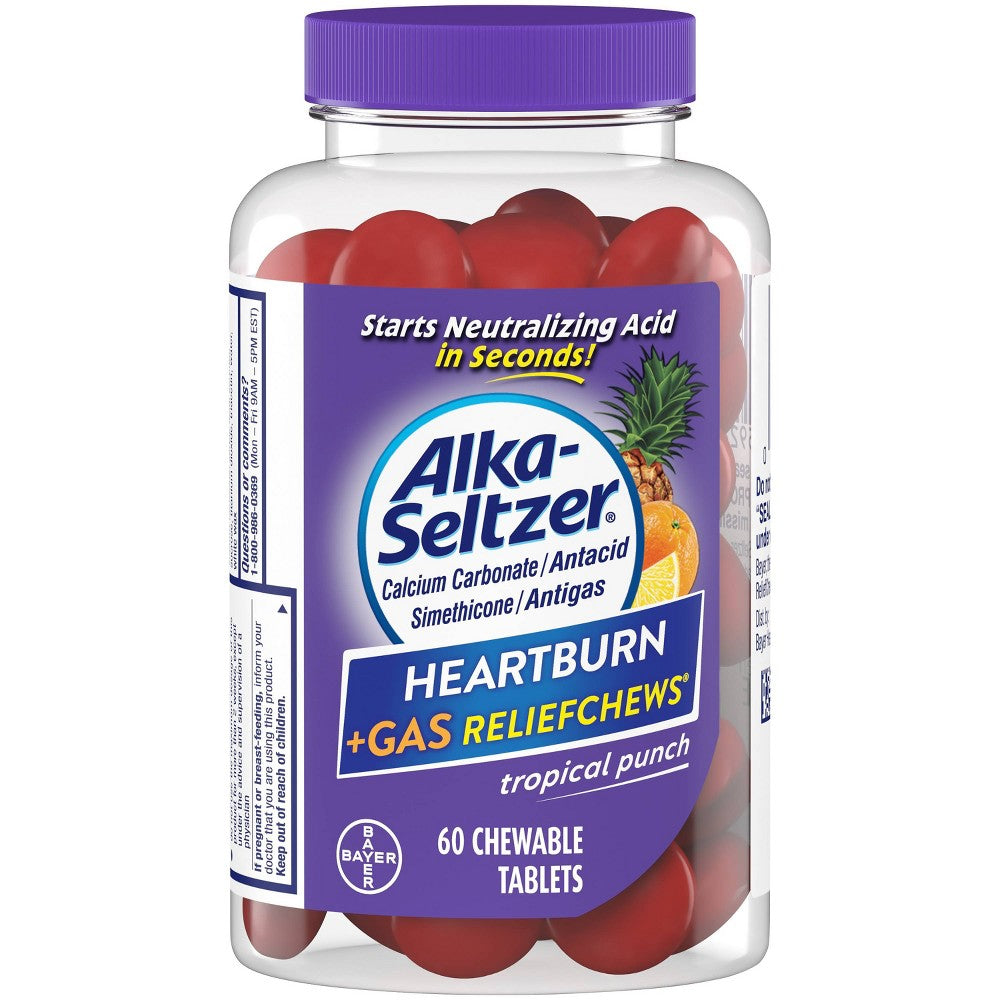 Alka-Seltzer Heartburn Relief + Gas Relief, Extra Strength Antacid, Tropical Fruit, 60 Chewable Tablets