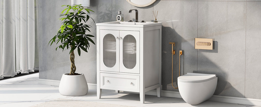 24" Bathroom Vanity with Sink, Bathroom Vanity Cabinet with One Drawer and Doors, Adjustable Shelf, Solid Wood and MDF, White