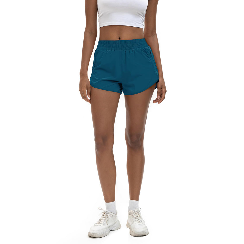 SAFWAK Women's High Waisted Running Shorts Quick Dry Zipper Pocket Turquoise L