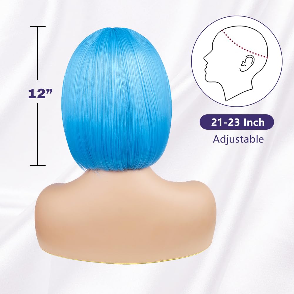 BATISI 12in Short Straight Bob Wig Neon Blue Synthetic Flat Bangs