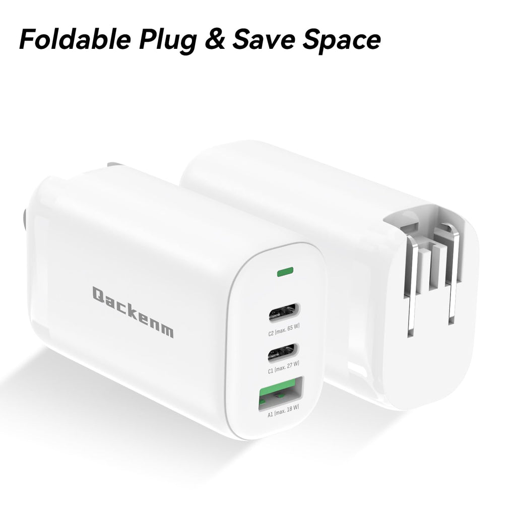 Qackenm 65W 3-Port GaN USB C Charger Foldable Fast Charging White