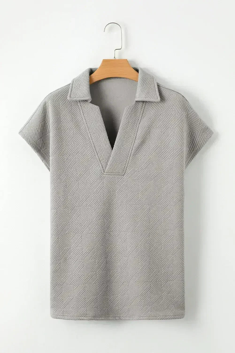 White Textured V Neck Collared Split Hem T Shirt
