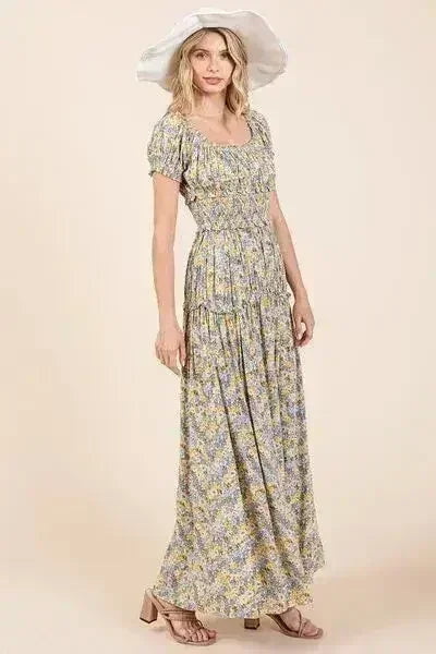 Floral Puff Sleeve Maxi Dress - Romantic Smocked Waist | Femstylo