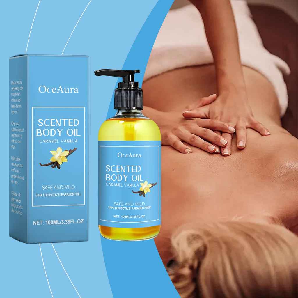 Caramel Vanilla Body Oil Hydrates Hydrating Skin Care Soothing Nourishing Skin Massage Oil