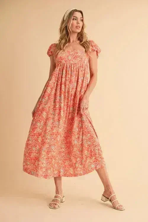 Floral Cutout Back Midi Dress - Square Neck & Puff Sleeves | Femstylo