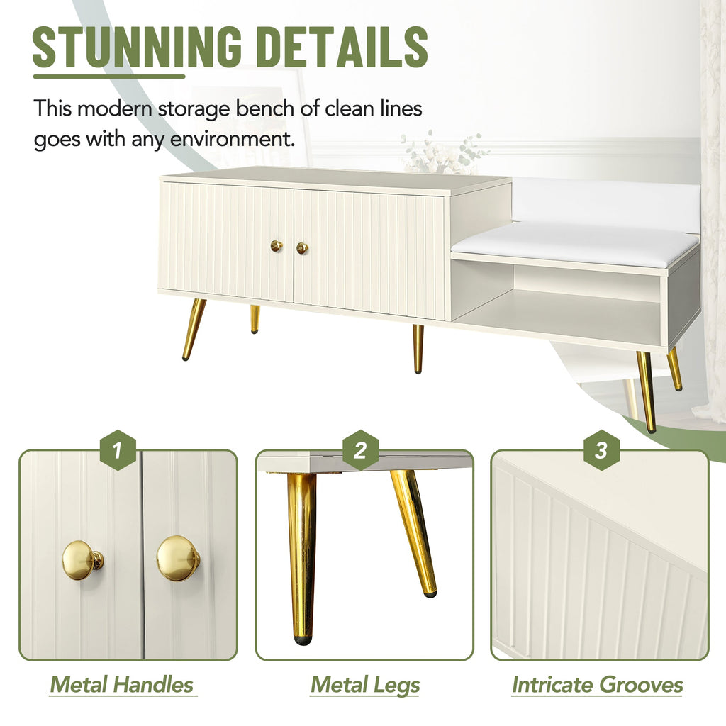 Modern Shoe Storage Bench with Hidden Storage and Upholstered Cushions for Bedside, Living Room and Entryway ((Antique White)