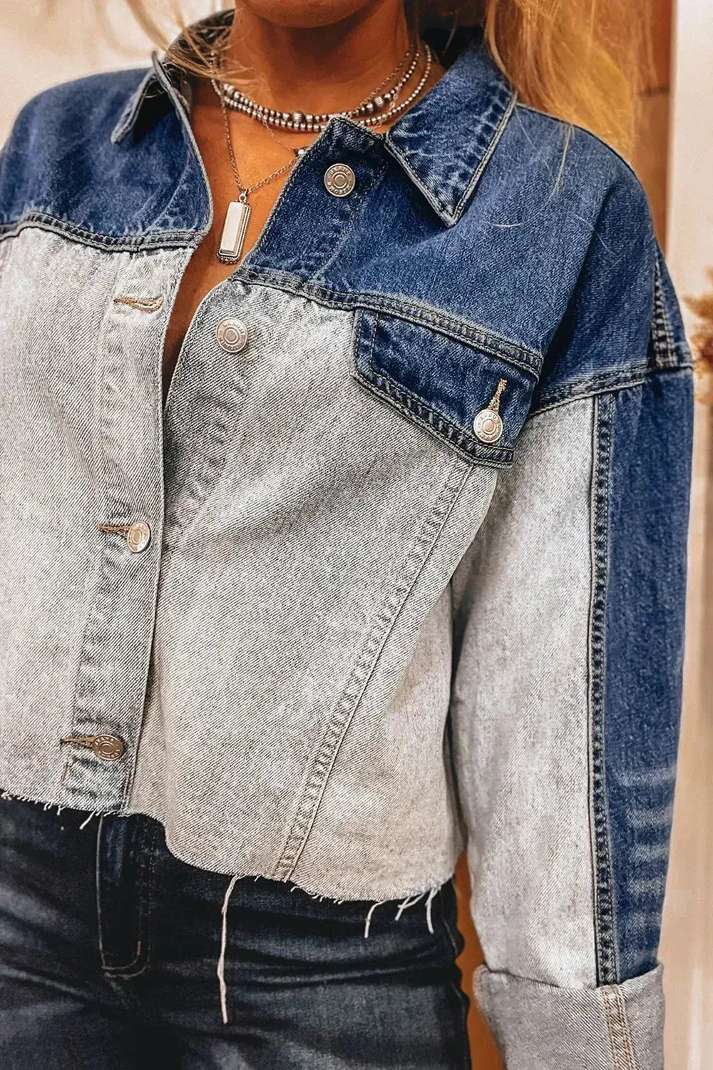 Dusk Blue Patchwork Flap Detail Distress Denim Jacket