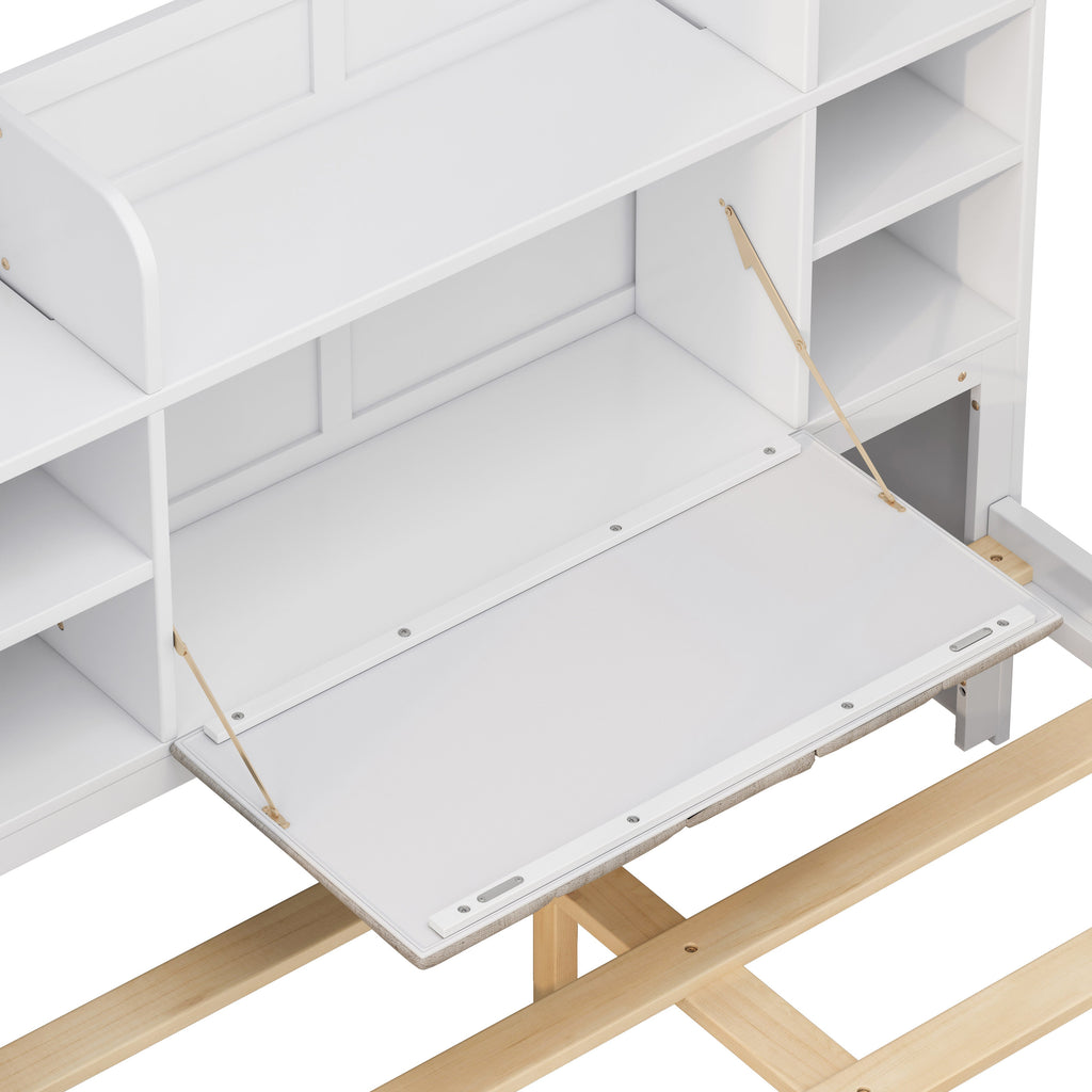 Multi-functional Full Size Bed Frame with 4 Under-bed Portable Storage Drawers and Multi-tier Bedside Storage Shelves White