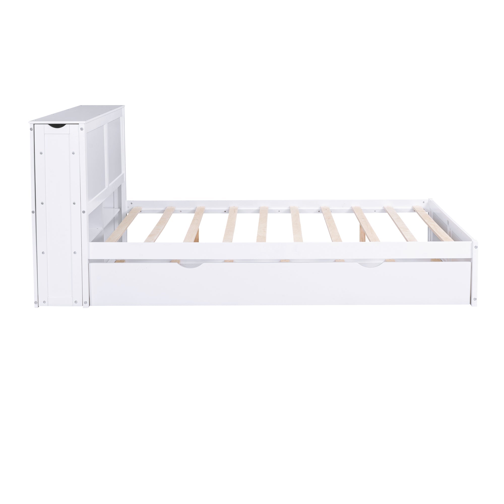 Queen Size Storage Platform Bed with Pull Out Shelves and Twin XL Size Trundle  White