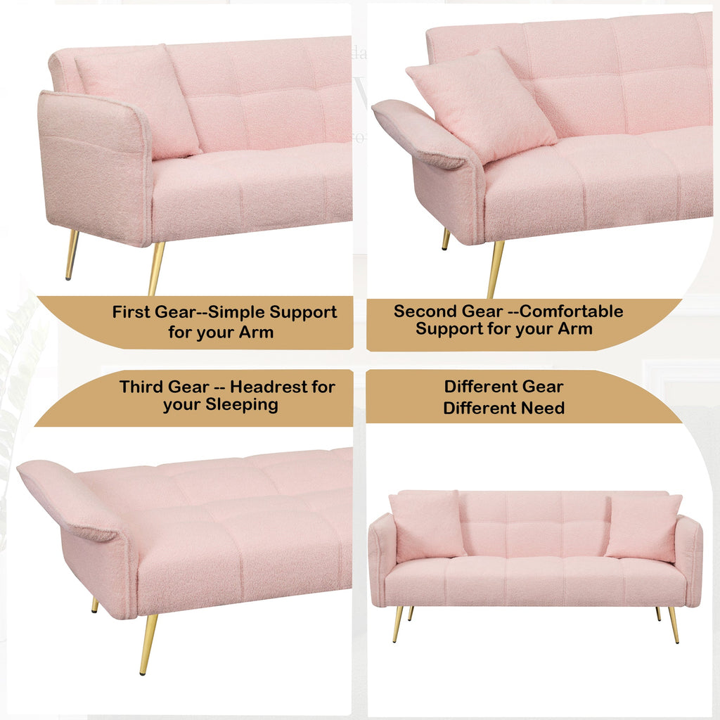 70 inch Teddy velvet sofa with adjustable armrests and backrest, convertible futon sofa for living room and bedroom. Pink