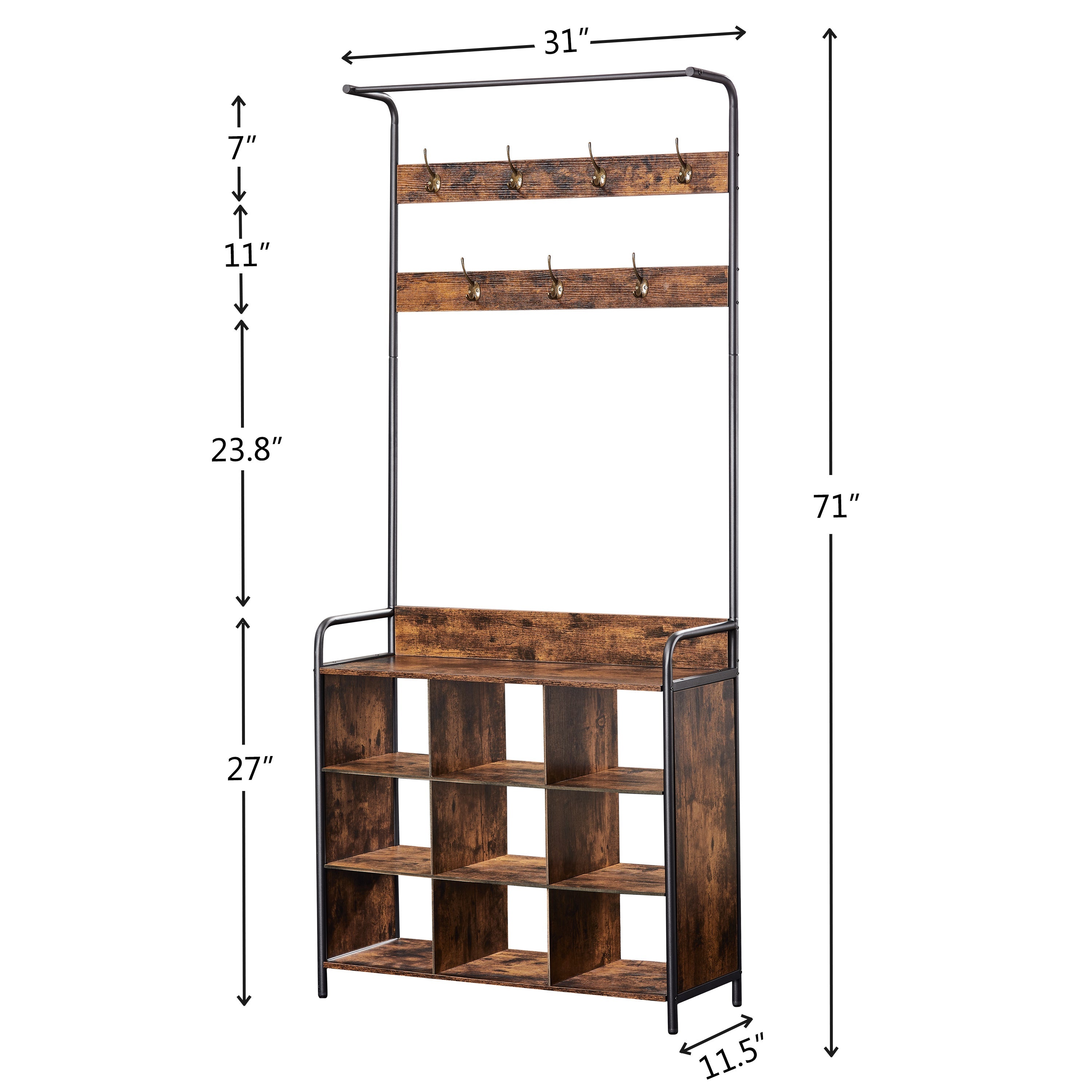 Coat Rack, Hall Tree with Shoe Rack for Entryway, 3-in-1 Entryway Coat Rack and Storage Rack, with 7 Hooks, a Hanging Rod
