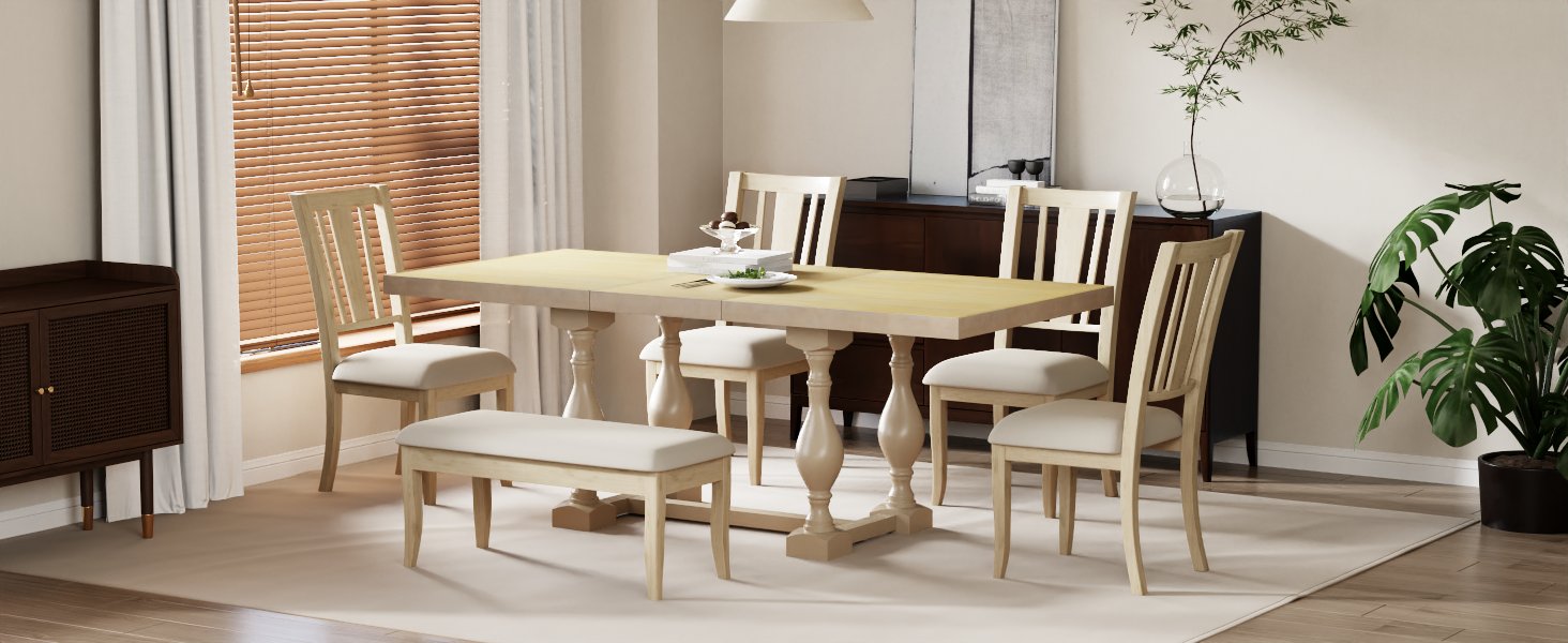 Traditional 6-Piece 78inch Trestle Extendable Dining Table Set with One 18inch Removable Leaf Padded Dining Chairs Bench,Natural