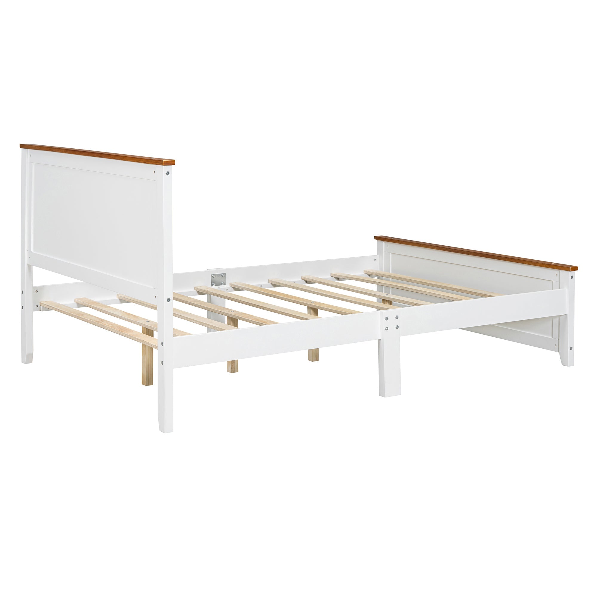 Full Size Wood Platform Bed Wooden Slat Support, Vintage Simple Bed Frame with Rectangular Headboard and Footboard, White