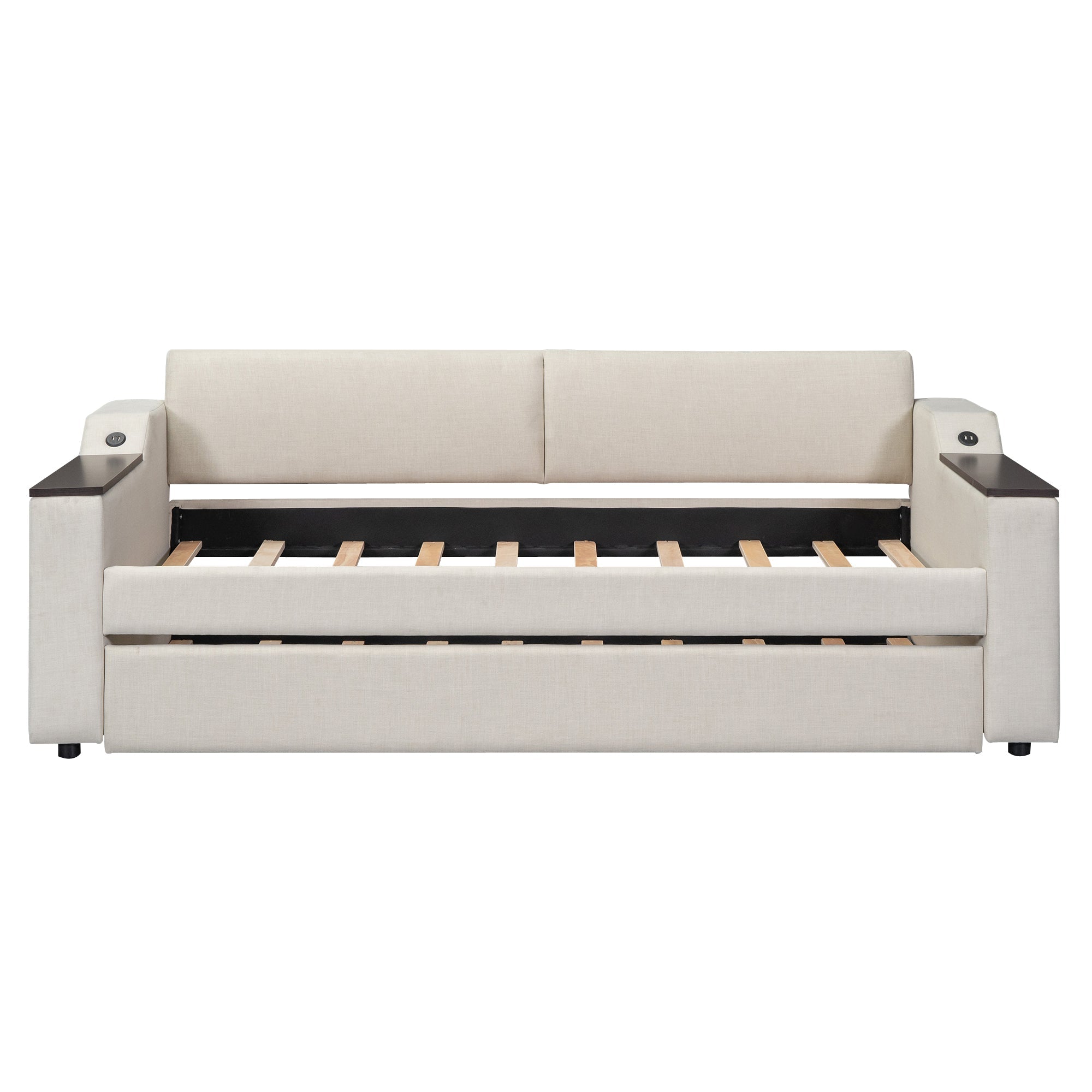 Twin Size Upholstery Daybed with Storage Arms  Trundle and USB Design Beige
