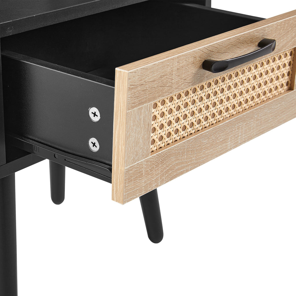 15.75" Rattan End table with drawer and solid wood legs Modern nightstand side table for living room black