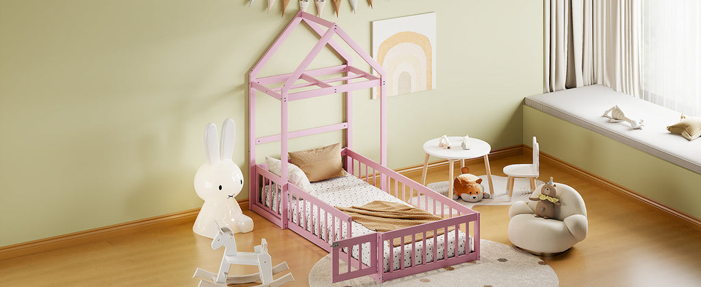 Wooden Twin Size Children's Bed with Detachable Headboard and Integrated Clothes Drying Rack, Pink